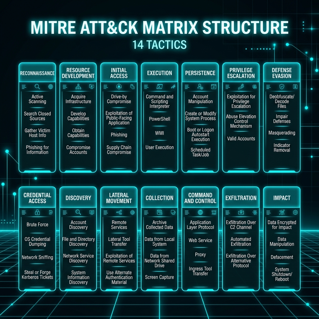 MITRE ATT&CK matrix 14 tactics structure diagram